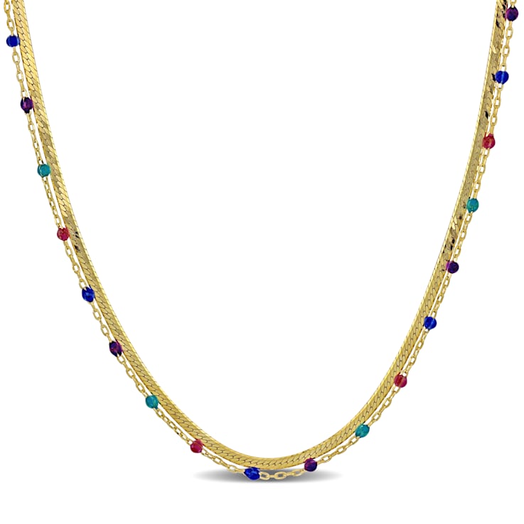 Multi-Color Bead Double Strand Necklace in 14K Yellow Gold Over Sterling Silver