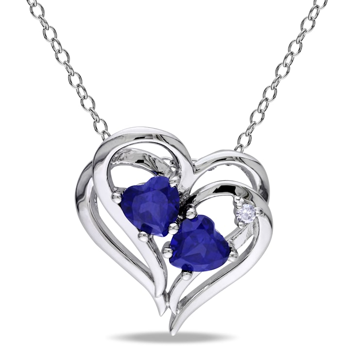 1 1/8 CT TGW Created Blue Sapphire and Diamond Accent Heart Pendant with
Chain in Sterling Silver