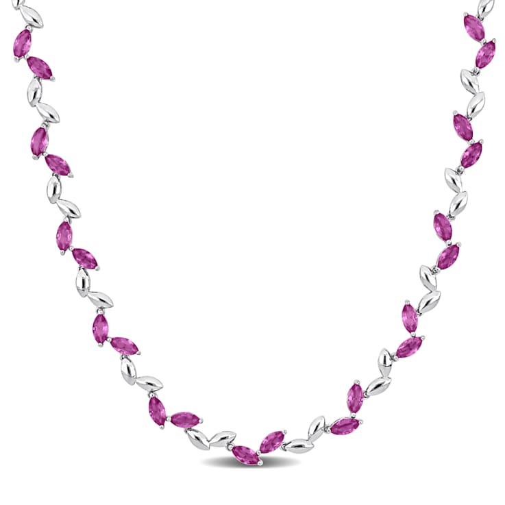 20 CT TGW Created Pink Sapphire Alternate Leaf Necklace in Sterling Silver