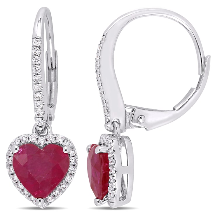 2 1/10 CT TGW Ruby-CN and 1/4 CT TW Diamond Heart Leverback Earrings in
14K White Gold