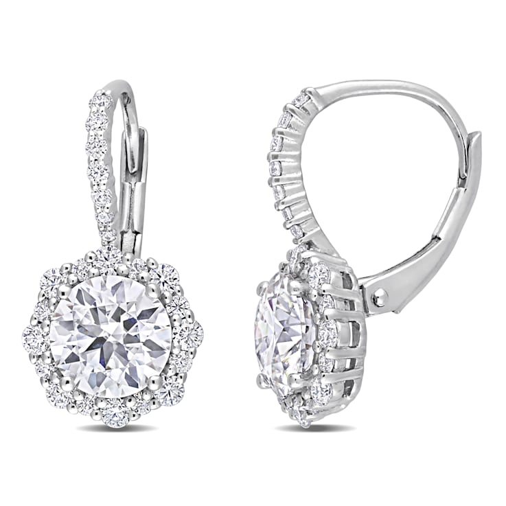 3 1/6 CT DEW Created Moissanite Floral Halo Leverback Earrings in
Sterling Silver
