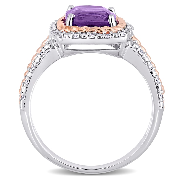 1 2/5 CT TGW Amethyst and 1/6 CT TDW Diamond Halo Ring in White and Rose
Plated Sterling Silver