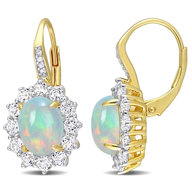 1 3/4 CT TGW Blue Ethiopian Opal, White Topaz and Diamond Earrings in
Yellow Sterling Silver