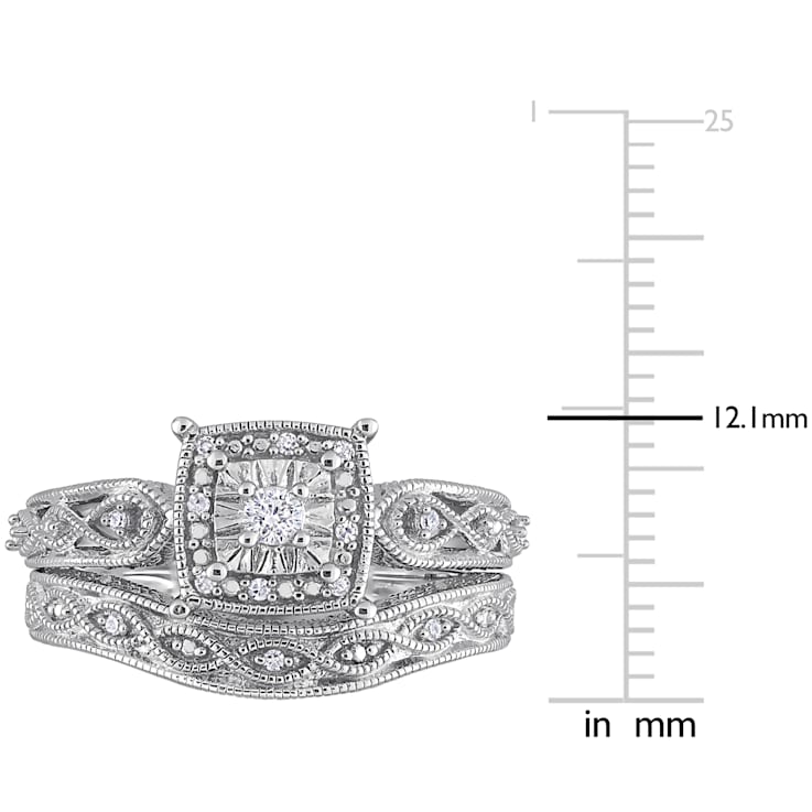 1/5 CT TW Diamond Cushion Shape Filigree Bridal Set in Sterling Silver