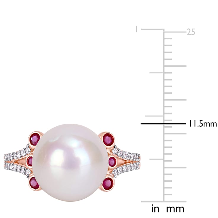 1/5 CT TGW Ruby, 11-12MM Freshwater Cultured Pearl and 1/7 CT TW Diamond
Ring in 10K Rose Gold