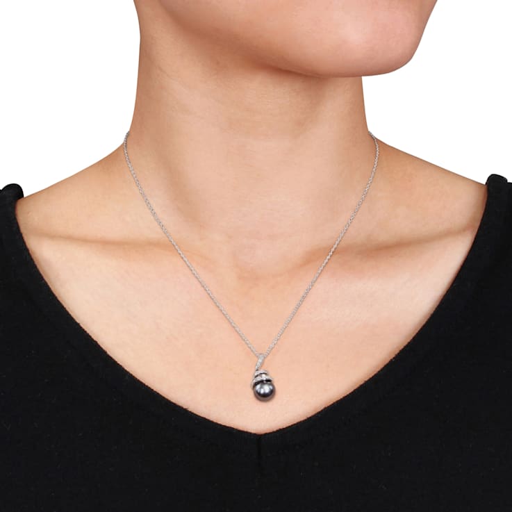 8-8.5MM Black Tahitian Cultured Pearl and 1/10 CT TW Diamond Pendant
with Chain In Sterling Silver