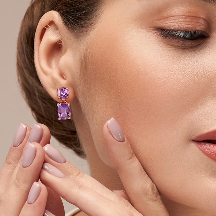 8 CT TGW Amethyst Dangle Earrings in Rose Gold Plated Sterling Silver