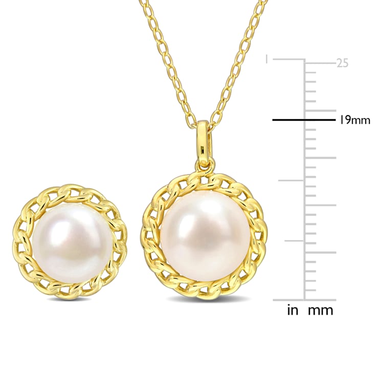8-9.5MM Freshwater Cultured Pearl Stud Earrings and Pendant Set in
Yellow Plated Sterling Silver