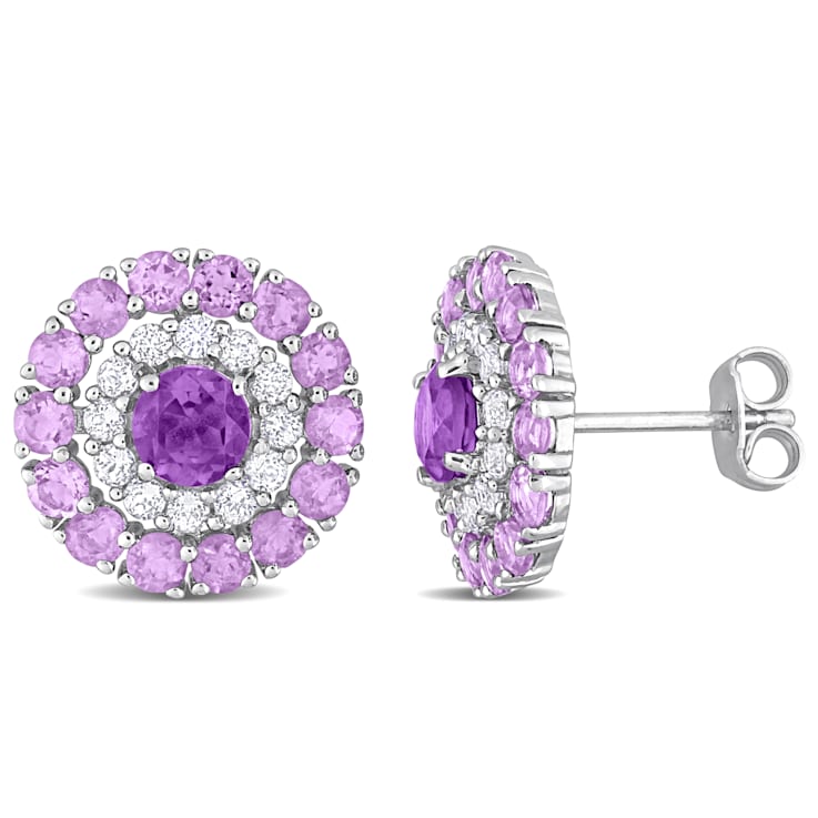 3 1/2 CT TGW Multi Gemstone Halo Stud Earrings in Sterling Silver