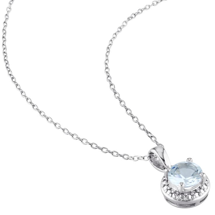 1 1/7 CT TGW Aquamarine Halo Pendant with Chain in Sterling Silver