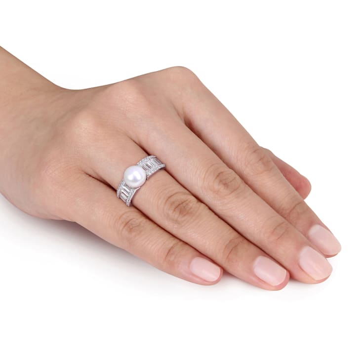 8-8.5MM Freshwater Cultured Pearl and 2 2/5 CT TGW Created White
Sapphire Ring in Sterling Silver