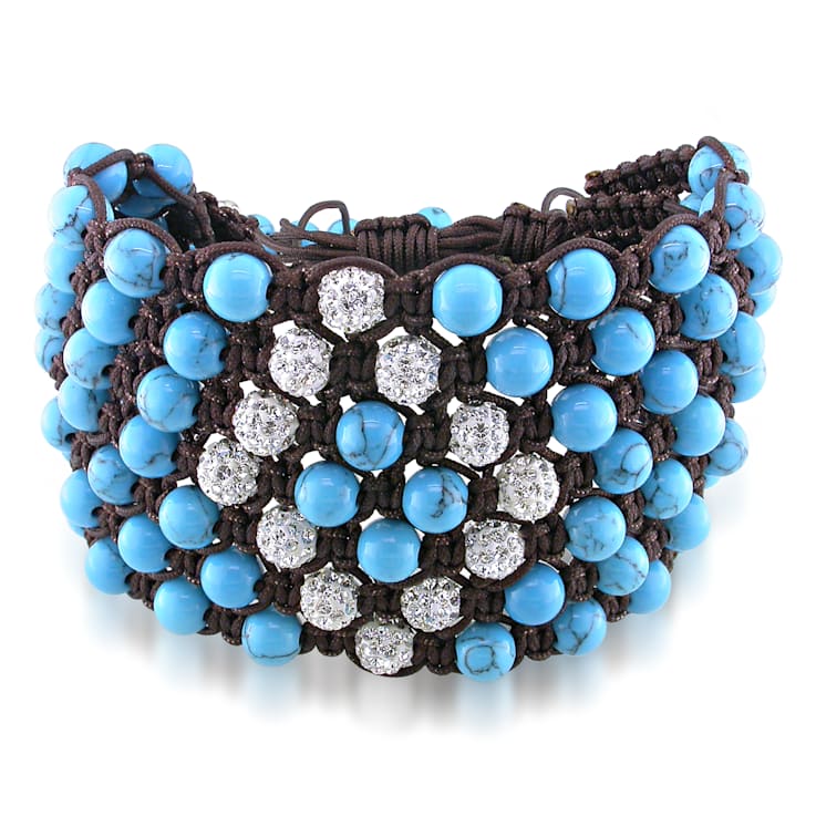 Shambhala Cuff Bracelet on Brown Cotton Cord with Turquoise and White
Cubic Zirconia Beads