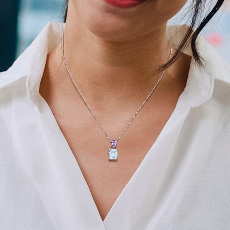3 4/5 CT TGW Ice Aquamarine and Amethyst Two-Tier Dangle Pendant with
Chain in Sterling Silver