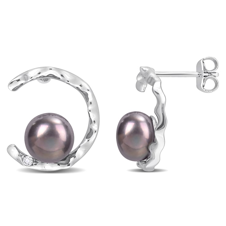 7.5-8MM Black Freshwater Cultured Pearl and White Topaz Open Wave
Earrings in Sterling Silver