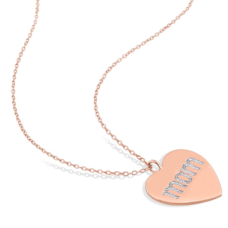 1/10ctw Diamond 'Mom' Engraved Heart Pendant with Chain in 18K Rose Gold
Over Sterling Silver