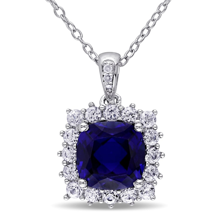 3 3/5 CT TGW Created Blue, White Sapphire with Diamond Accent Pendant
with Chain in Sterling Silver
