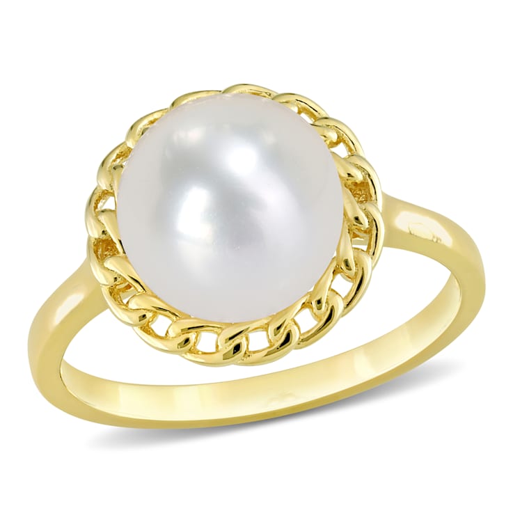9-9.5MM Freshwater Cultured Pearl Halo Link Ring in Yellow Plated
Sterling Silver
