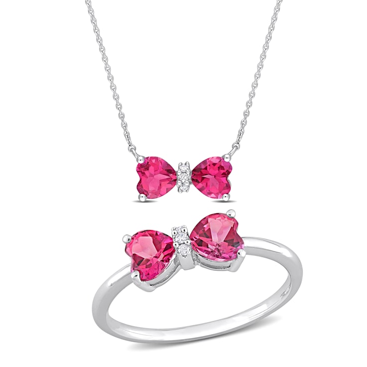 2-PCS Set of 2 1/10 CT TGW Pink Topaz and Diamond Accent Necklace and
Ring in 10K White Gold