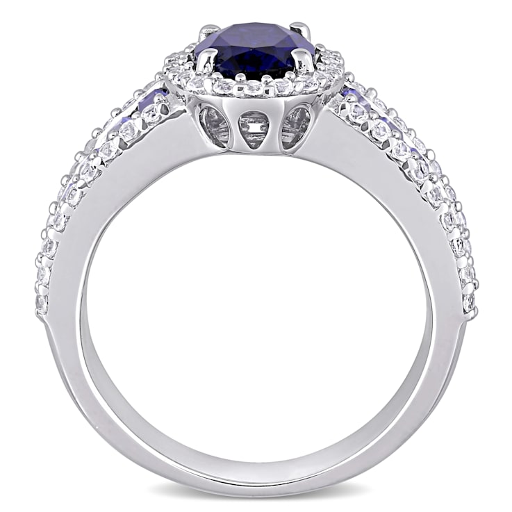 4 3/4 CT TGW Created Blue and White Sapphire Vintage Halo Ring in
Sterling Silver
