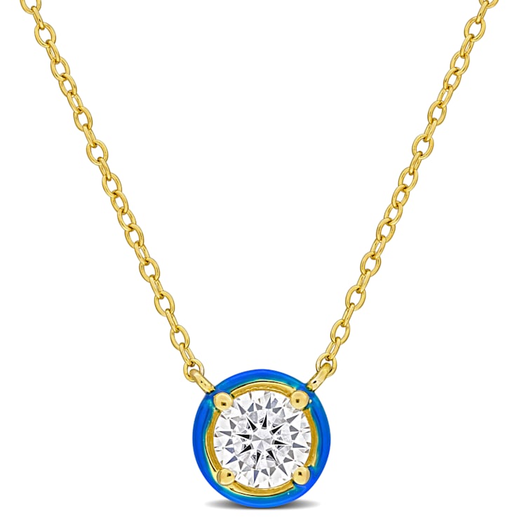 3/4 CT TGW Moissanite with Blue Enamel Halo Solitaire Necklace in Yellow
Plated Sterling Silver