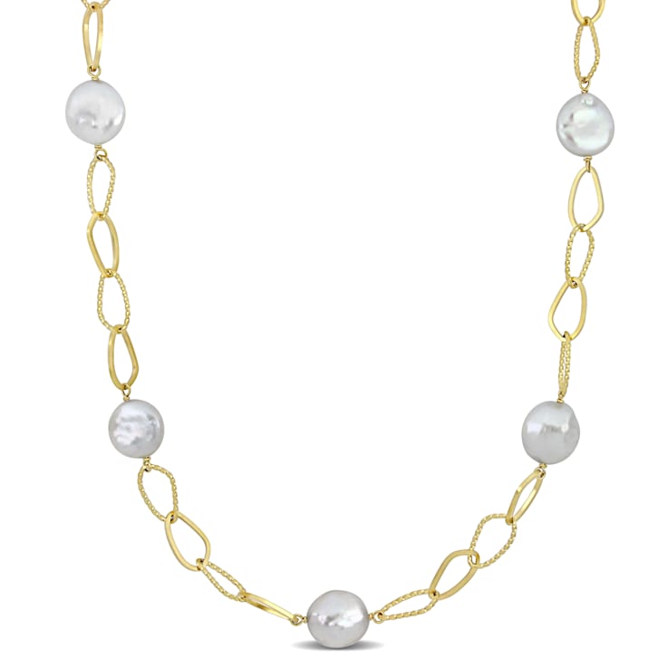 14-15 MM Freshwater Cultured Pearl Oval Link Necklace in 18K Yellow Gold
Over Sterling Silver