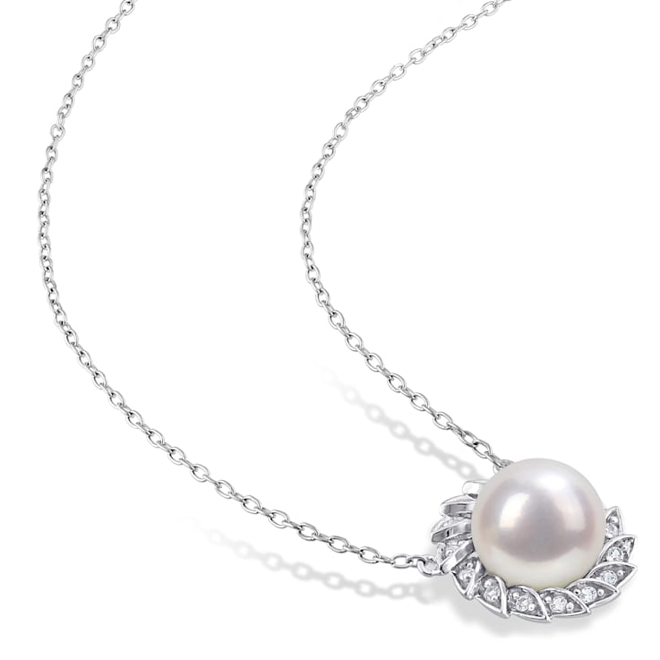 9.5-10MM Freshwater Cultured Pearl and Created Sapphire Earrings &
Pendant Set in Sterling Silver