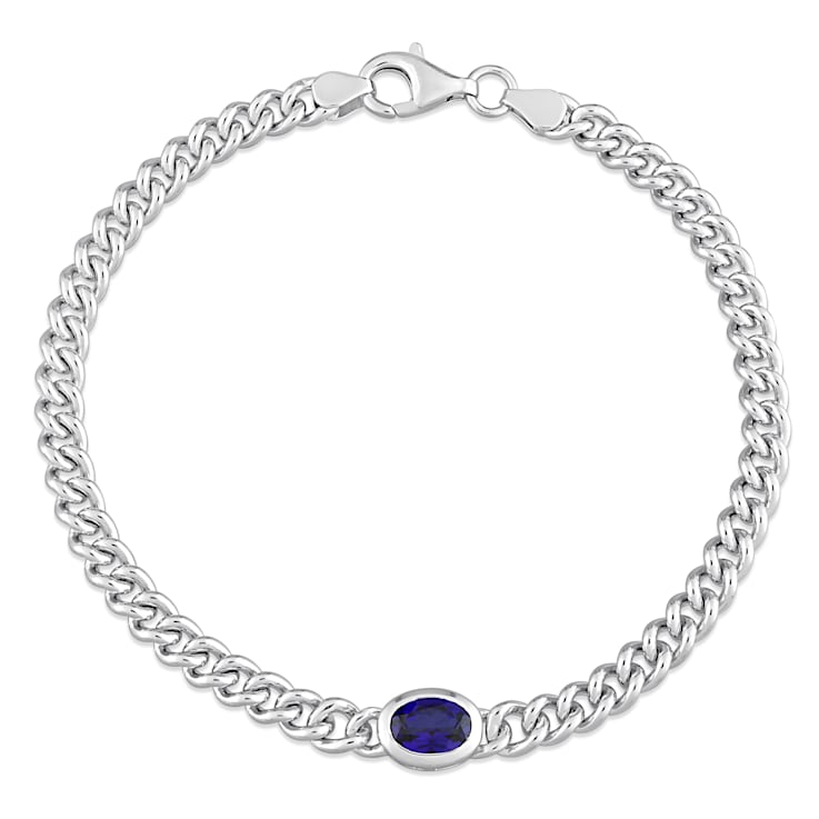 1 1/4 CT TGW Created Blue Sapphire Curb Link Chain Bracelet in Sterling Silver