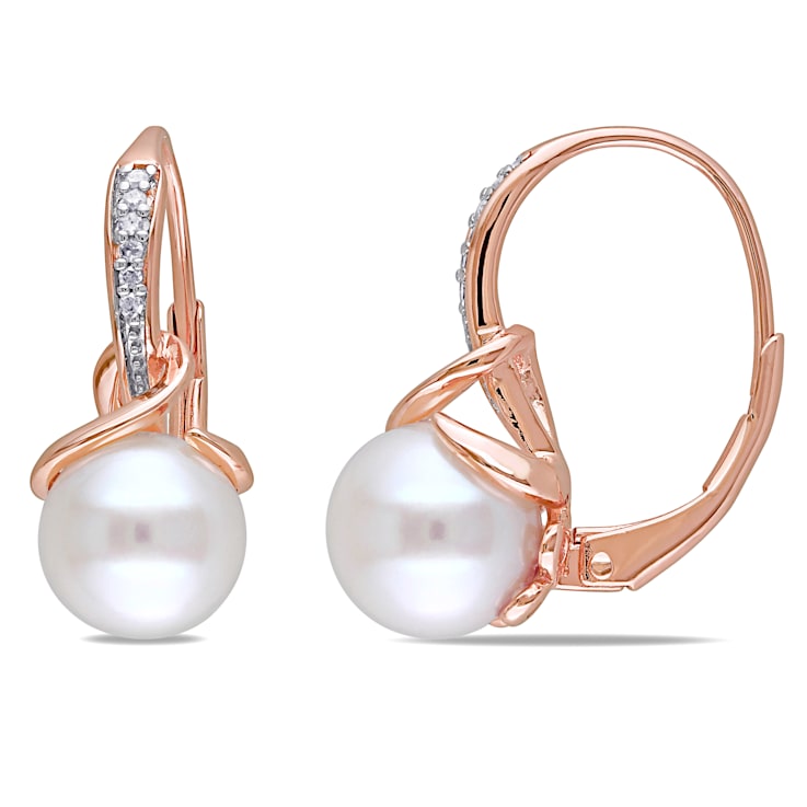 8-8.5 MM White Freshwater Cultured Pearl and Diamond Earrings 18K Rose
Gold Over Sterling Silver