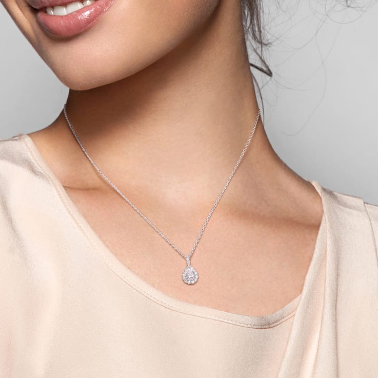 1 1/3 CT DEW Created Moissanite Teardrop Halo Pendant in Sterling Silver