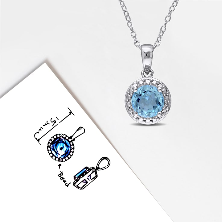 1 3/5 CT TGW Sky Blue Topaz Halo Pendant with Chain in Sterling Silver
