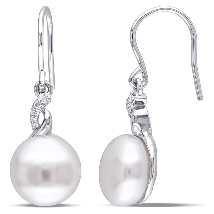 10.5-11MM  White Cultured Freshwater Pearl Earrings with Diamonds in
Sterling Silver