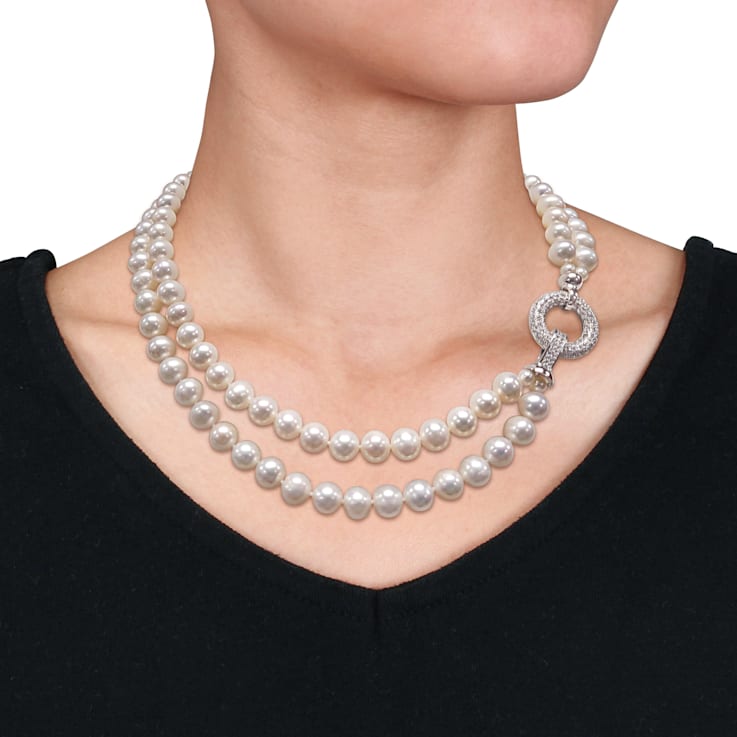 7-8 MM Freshwater Cultured Pearl 2-Strand Necklace with Cubic Zirconia
Sterling Silver Clasp