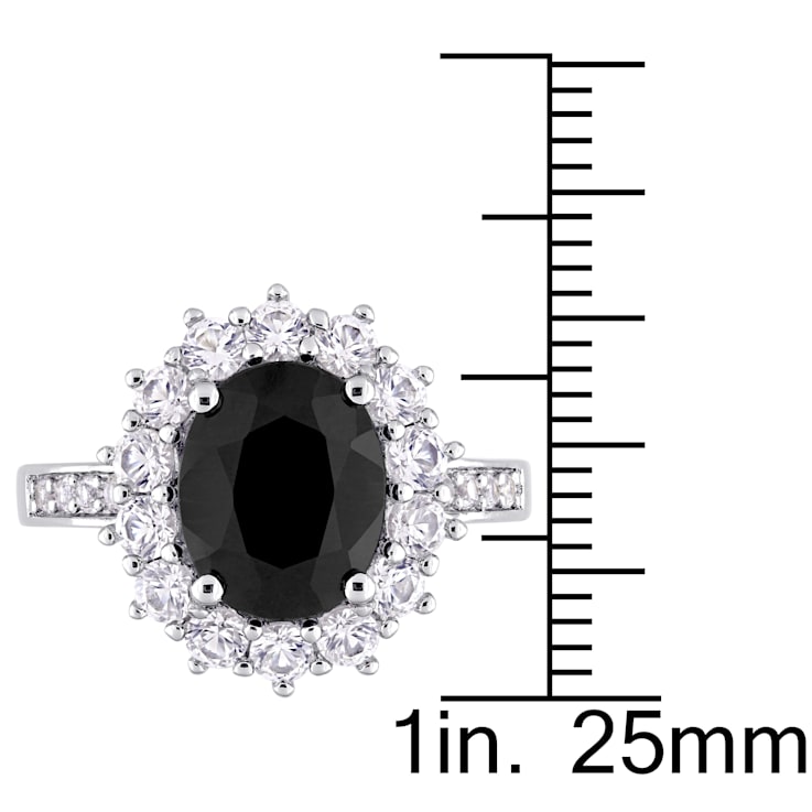 4 3/4 CT TGW Black Sapphire and Created White Sapphire Halo Ring in
Sterling Silver