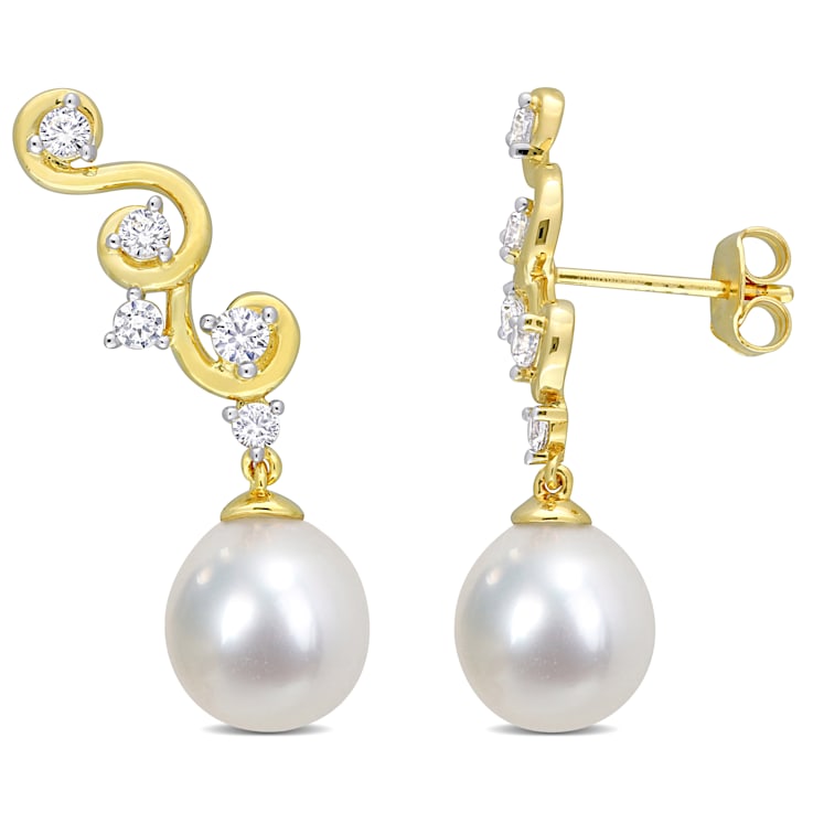 8-9MM South Sea Pearl and Created White Sapphire in 14K Yellow Gold Over
Sterling Silver Earrings