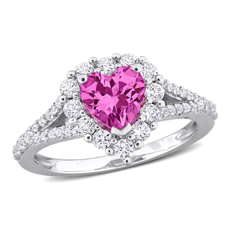 2 1/2 CT TGW Created Pink and White Sapphire Halo Heart Engagement Ring
in Sterling Silver