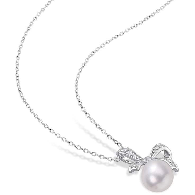 8.5-9MM Freshwater Cultured Pearl and Diamond Accent Bow Pendant with
Chain in Sterling Silver
