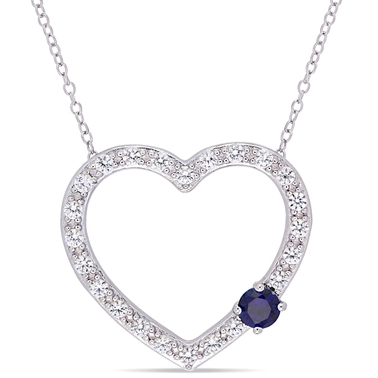 1 5/8 CT TGW Created Blue and White Sapphire Heart Necklace in Sterling Silver