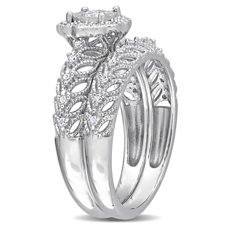 1/4 CT TW Diamond Octagon Halo Bridal Ring Set in Sterling Silver