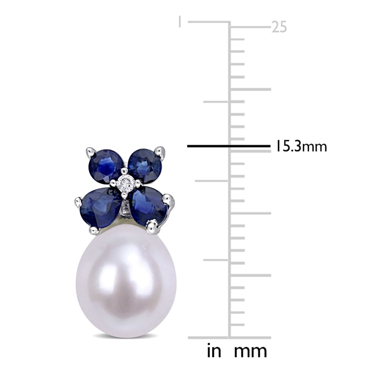 8-8.5MM Freshwater Cultured Pearl and 1 1/4 CT TGW Sapphire with Diamond
Earrings in 10K White Gold