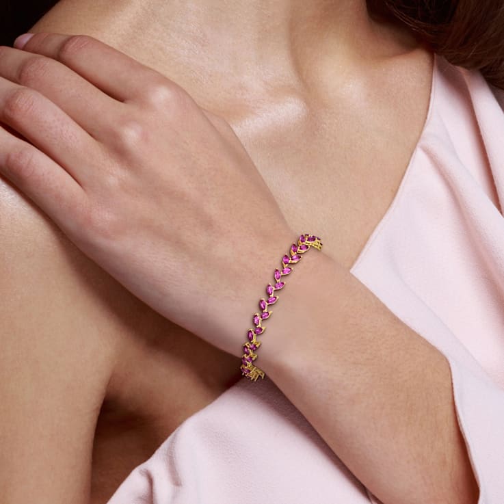 12 CT TGW Created Pink Sapphire Bracelet in Yellow Plated Sterling Silver