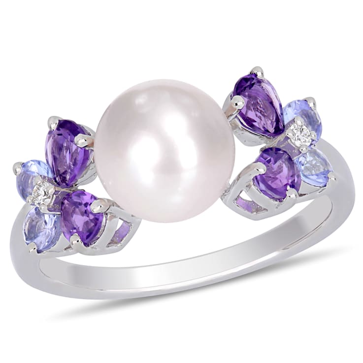 8-8.5MM Freshwater Cultured Pearl, Diamond, Tanzanite, and Amethyst Ring
in Sterling Silver