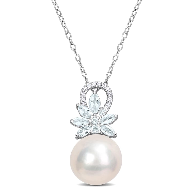 11-12MM Freshwater Cultured Pearl and 5/8 CT TGW Aquamarine and Diamond
Pendant in Sterling Silver