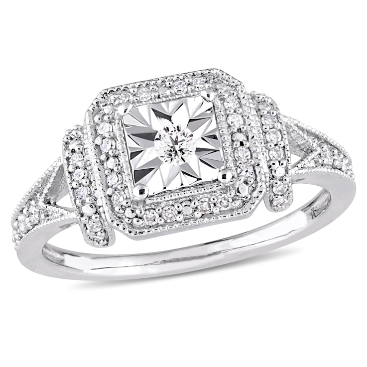 1/5 CT TW Diamond Halo Square Vintage Promise Ring in Sterling Silver