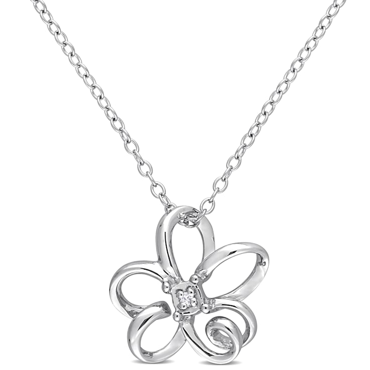 Diamond Floral Pendant with Chain in Sterling Silver
