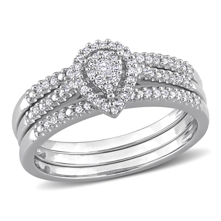 1/4 CT TW Diamond Cluster Pear Shape Halo Bridal Set in Sterling Silver