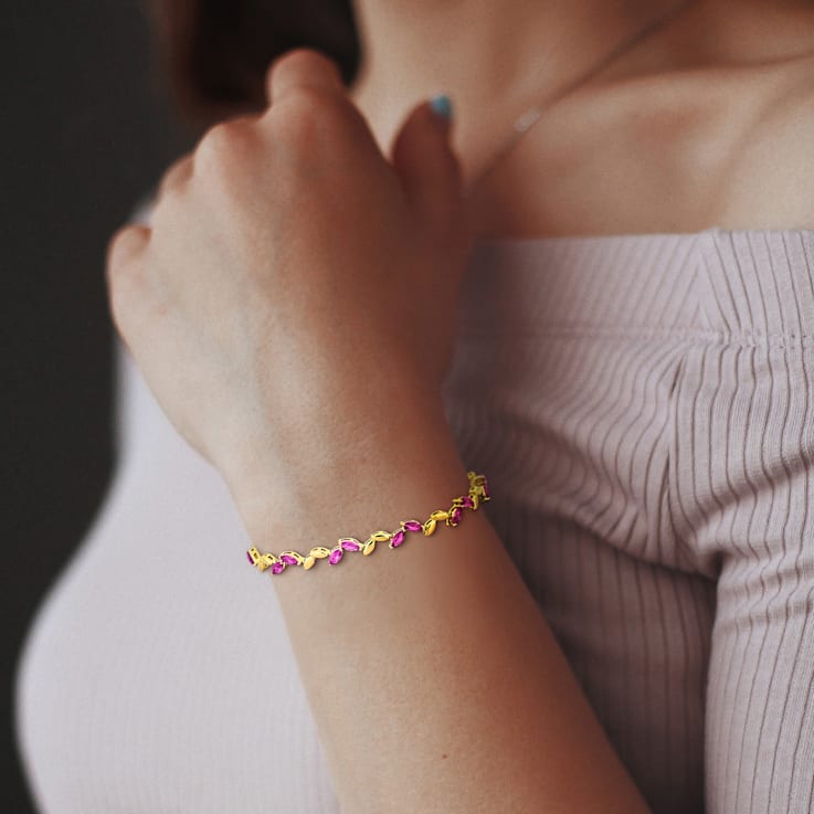 9 1/2 CT TGW Created Pink Sapphire Bracelet in Yellow Plated Sterling Silver