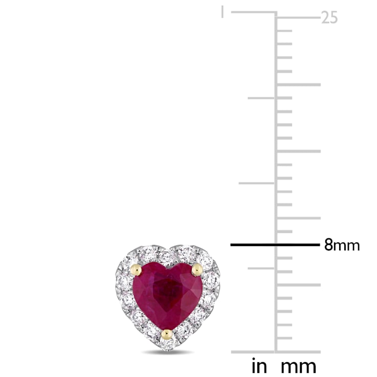 1 1/8 CT TGW Ruby and 1/3 CT TW Diamond Halo Stud Earrings in 14K White
Gold with Yellow Gold Prongs