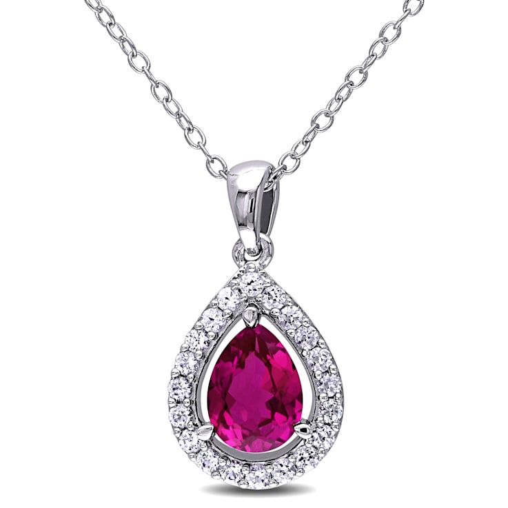 2 1/5 CT TGW  Created Ruby and White Sapphire Teardrop Halo Pendant with
Chain in Sterling Silver