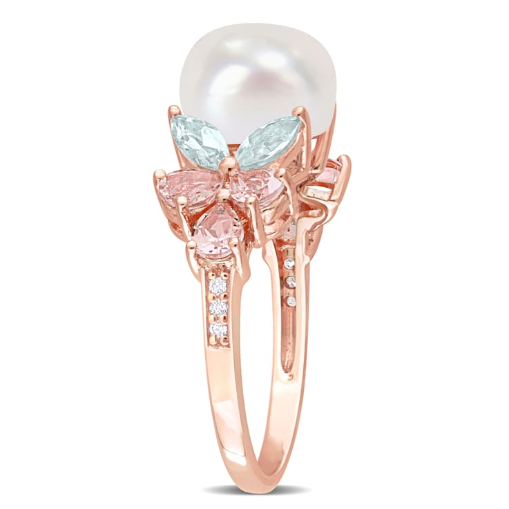 8.5-9MM Freshwater Cultured Pearl and 1 2/5 CT TGW Multi Gem Ring in
Rose Plated Sterling Silver