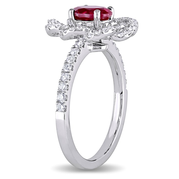 1 CT TGW Ruby and 5/8 CT TW Diamonds Flower Ring in 14K White Gold